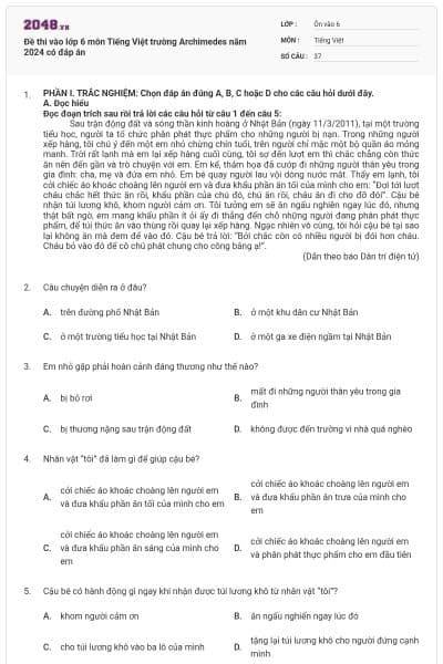 Đề thi vào lớp 6 môn Tiếng Việt trường Archimedes năm 2024 có đáp án