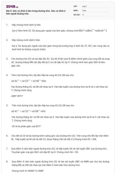 Bài 5: Góc có đỉnh ở bên trong đường tròn. Góc có đỉnh ở bên ngoài đường tròn