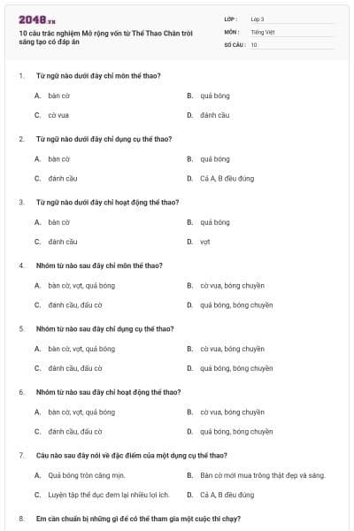 10 câu trắc nghiệm Mở rộng vốn từ Thể Thao Chân trời sáng tạo có đáp án