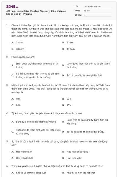 400+ câu trắc nghiệm tổng hợp Nguyên lý thẩm định giá hóa có đáp án - Phần 62