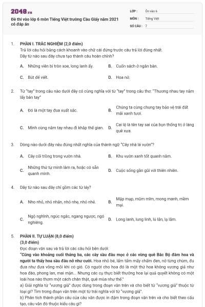 Đề thi vào lớp 6 môn Tiếng Việt trường Cầu Giấy năm 2021 có đáp án