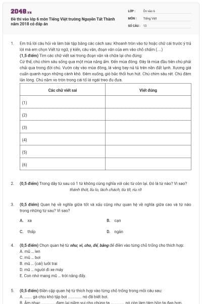 Đề thi vào lớp 6 môn Tiếng Việt trường Nguyễn Tất Thành năm 2018 có đáp án