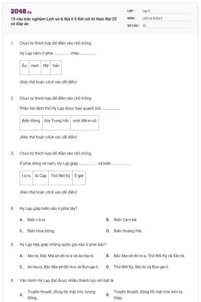 15 câu trắc nghiệm Lịch sử & Địa lí 5 Kết nối tri thức Bài 25 có đáp án