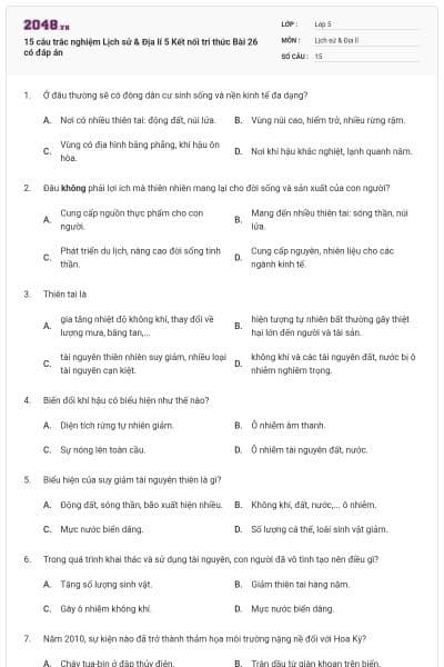 15 câu trắc nghiệm Lịch sử & Địa lí 5 Kết nối tri thức Bài 26 có đáp án