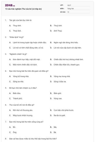13 câu trắc nghiệm Thư của bố (có đáp án)