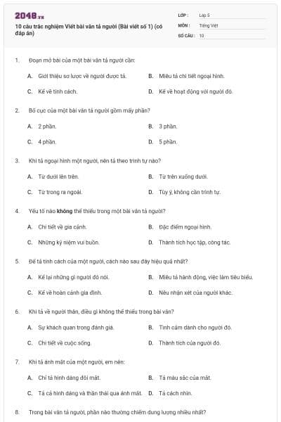 10 câu trắc nghiệm Viết bài văn tả người (Bài viết số 1) (có đáp án)