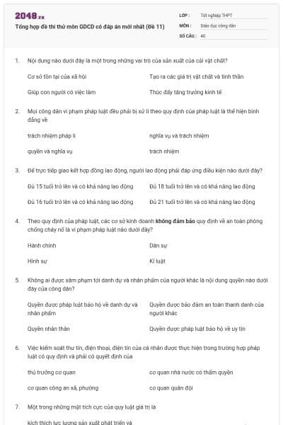 Tổng hợp đề thi thử môn GDCD có đáp án mới nhất (Đề 11)