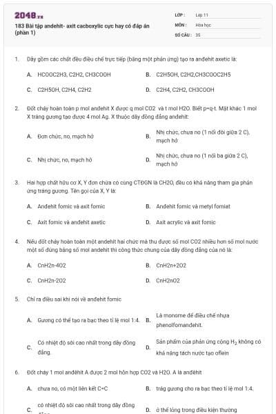 183 Bài tập andehit- axit cacboxylic cực hay có đáp án (phần 1)