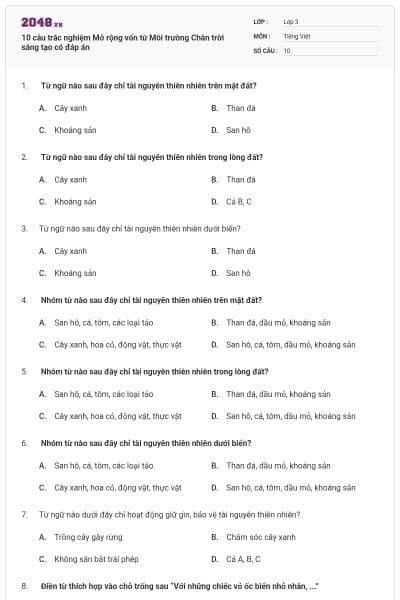 10 câu trắc nghiệm Mở rộng vốn từ Môi trường Chân trời sáng tạo có đáp án