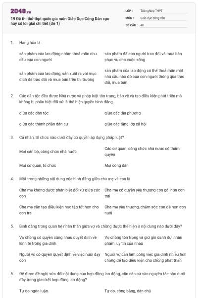 19 Đề thi thử thpt quốc gia môn Giáo Dục Công Dân cực hay có lời giải chi tiết (đề 1)