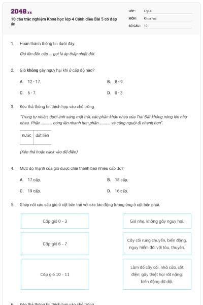 10 câu trắc nghiệm Khoa học lớp 4 Cánh diều Bài 5 có đáp án