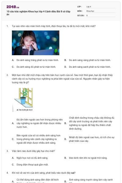 10 câu trắc nghiệm Khoa học lớp 4 Cánh diều Bài 8 có đáp án