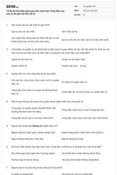 19 Đề thi thử thpt quốc gia môn Giáo Dục Công Dân cực hay có lời giải chi tiết (đề 2)