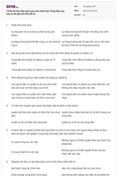 19 Đề thi thử thpt quốc gia môn Giáo Dục Công Dân cực hay có lời giải chi tiết (đề 3)