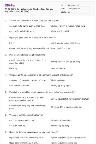 19 Đề thi thử thpt quốc gia môn Giáo Dục Công Dân cực hay có lời giải chi tiết (đề 4)