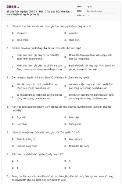 25 câu Trắc nghiệm GDCD 11 Bài 10 (có đáp án): Nền dân chủ xã hội chủ nghĩa (phần 2)