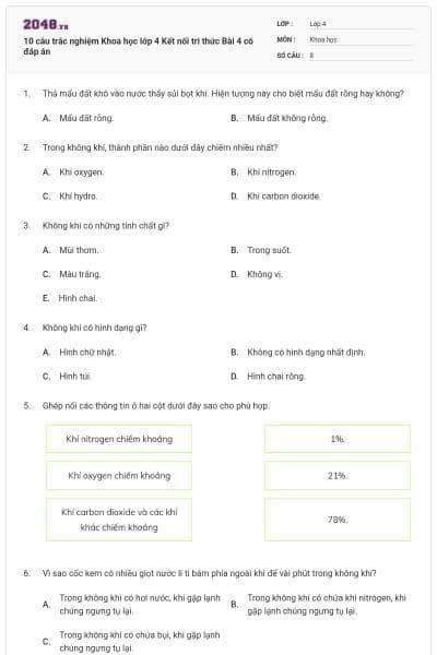 10 câu trắc nghiệm Khoa học lớp 4 Kết nối tri thức Bài 4 có đáp án