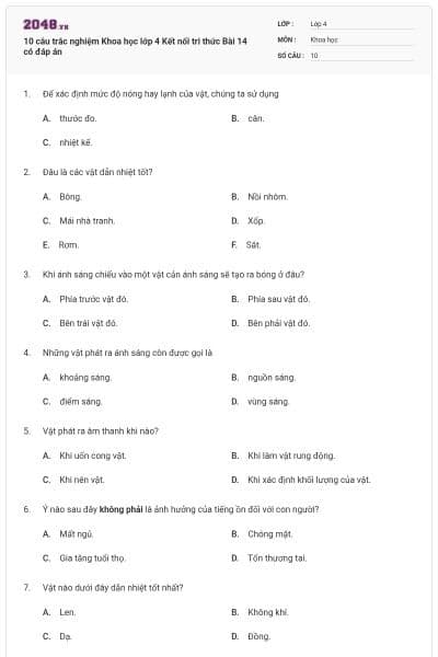 10 câu trắc nghiệm Khoa học lớp 4 Kết nối tri thức Bài 14 có đáp án