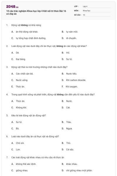 10 câu trắc nghiệm Khoa học lớp 4 Kết nối tri thức Bài 16 có đáp án