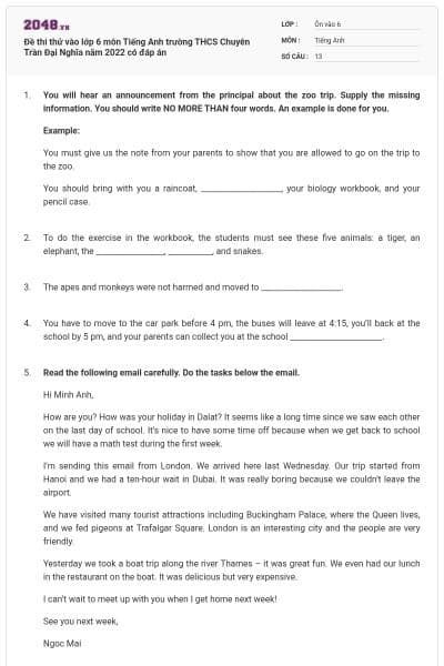 Đề thi thử vào lớp 6 môn Tiếng Anh trường THCS Chuyên Trần Đại Nghĩa năm 2022 có đáp án