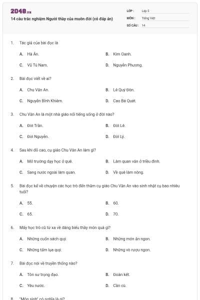 14 câu trắc nghiệm Người thầy của muôn đời (có đáp án)