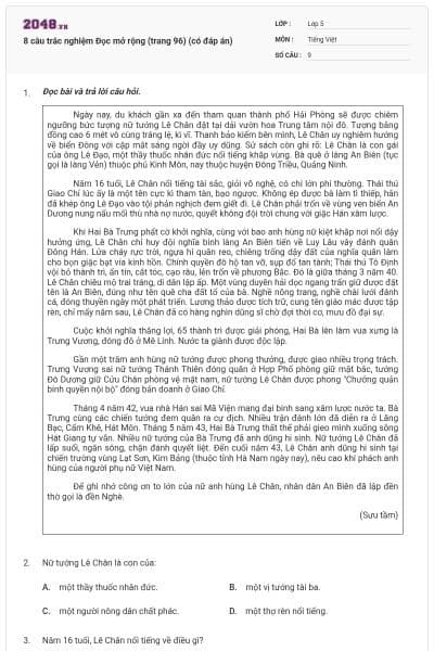 8 câu trắc nghiệm Đọc mở rộng (trang 96) (có đáp án)