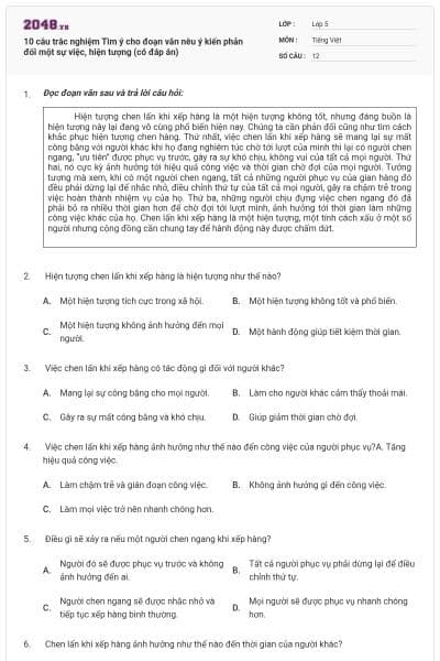 10 câu trắc nghiệm Tìm ý cho đoạn văn nêu ý kiến phản đối một sự việc, hiện tượng (có đáp án)
