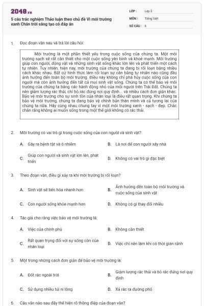 5 câu trắc nghiệm Thảo luận theo chủ đề Vì môi trường xanh Chân trời sáng tạo có đáp án
