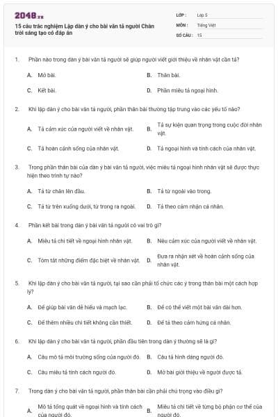 15 câu trắc nghiệm Lập dàn ý cho bài văn tả người Chân trời sáng tạo có đáp án