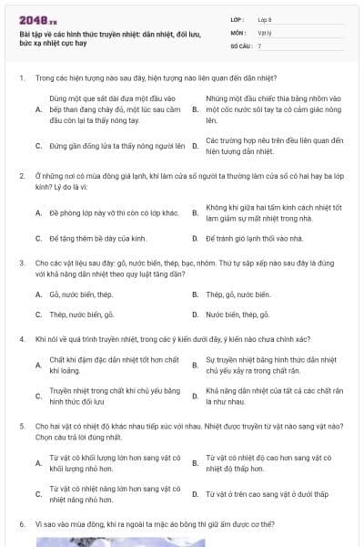 Bài tập về các hình thức truyền nhiệt: dẫn nhiệt, đối lưu, bức xạ nhiệt cực hay
