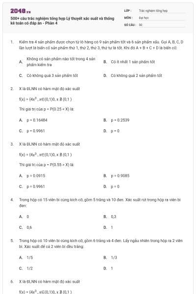 500+ câu trắc nghiệm tổng hợp Lý thuyết xác suất và thống kê toán có đáp án - Phần 4