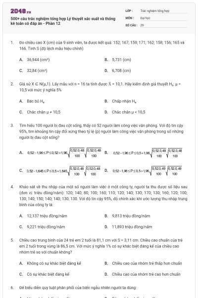 500+ câu trắc nghiệm tổng hợp Lý thuyết xác suất và thống kê toán có đáp án - Phần 12