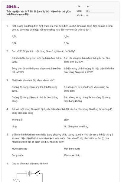 Trắc nghiệm Vật Lí 7 Bài 26 (có đáp án): Hiệu điện thế giữa hai đầu dụng cụ điện