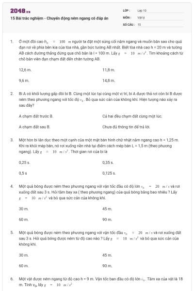 15 Bài trắc nghiệm - Chuyển động ném ngang có đáp án