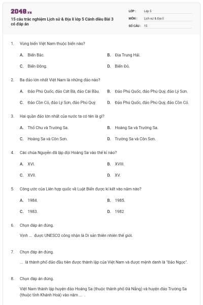 15 câu trắc nghiệm Lịch sử & Địa lí lớp 5 Cánh diều Bài 3 có đáp án