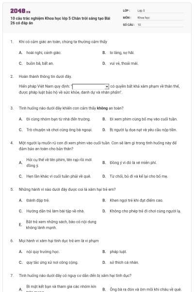 10 câu trắc nghiệm Khoa học lớp 5 Chân trời sáng tạo Bài 26 có đáp án