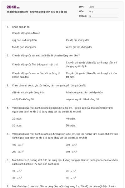 15 Bài trắc nghiệm - Chuyển động tròn đều có đáp án