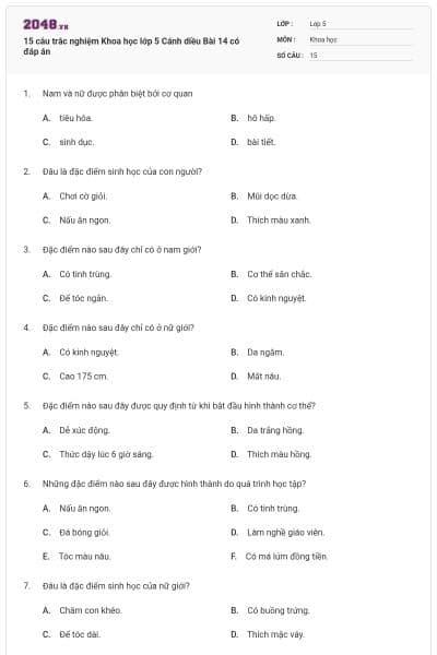 15 câu trắc nghiệm Khoa học lớp 5 Cánh diều Bài 14 có đáp án