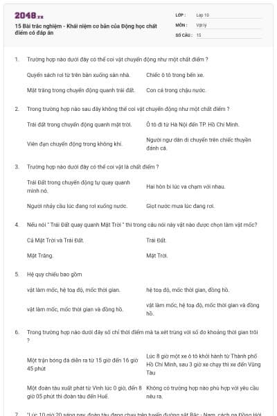 15 Bài trắc nghiệm - Khái niệm cơ bản của Động học chất điểm có đáp án