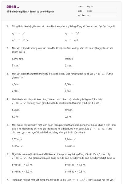 15 Bài trắc nghiệm - Sự rơi tự do có đáp án