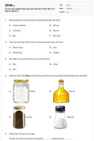 20 câu trắc nghiệm Khoa học lớp 5 Kết nối tri thức Bài 4 có đáp án (Phần 2)