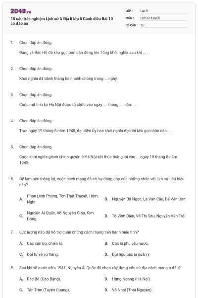 15 câu trắc nghiệm Lịch sử & Địa lí lớp 5 Cánh diều Bài 13 có đáp án