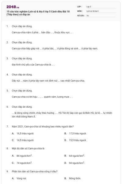 15 câu trắc nghiệm Lịch sử & Địa lí lớp 5 Cánh diều Bài 18 (Tiếp theo) có đáp án