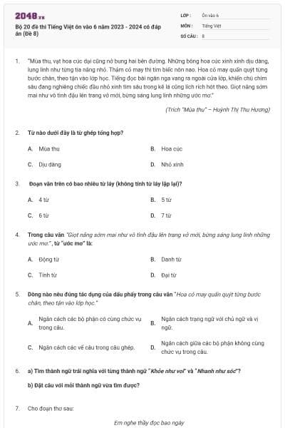 Bộ 20 đề thi Tiếng Việt ôn vào 6 năm 2023 - 2024 có đáp án (Đề 8)