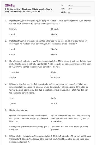 5 Bài trắc nghiệm - Tính tương đối của chuyển động và công thức cộng vận tốc có lời giải chi tiết