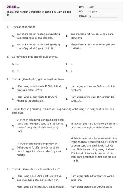 15 câu trắc nghiệm Công nghệ 11 Cánh diều Bài 9 có đáp án