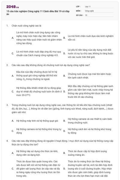 15 câu trắc nghiệm Công nghệ 11 Cánh diều Bài 19 có đáp án