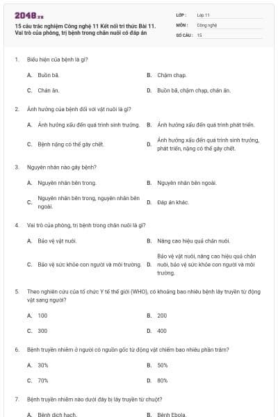 15 câu trắc nghiệm Công nghệ 11 Kết nối tri thức Bài 11. Vai trò của phòng, trị bệnh trong chăn nuôi có đáp án