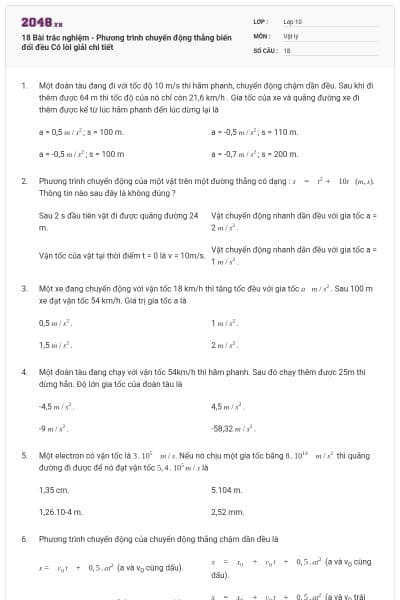 18 Bài trắc nghiệm - Phương trình chuyển động thẳng biến đổi đều Có lời giải chi tiết