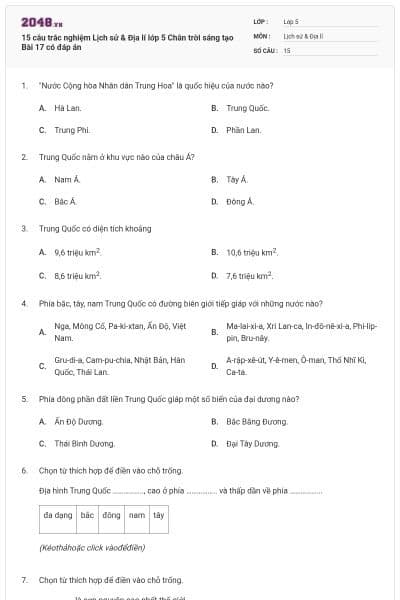 15 câu trắc nghiệm Lịch sử & Địa lí lớp 5 Chân trời sáng tạo Bài 17 có đáp án